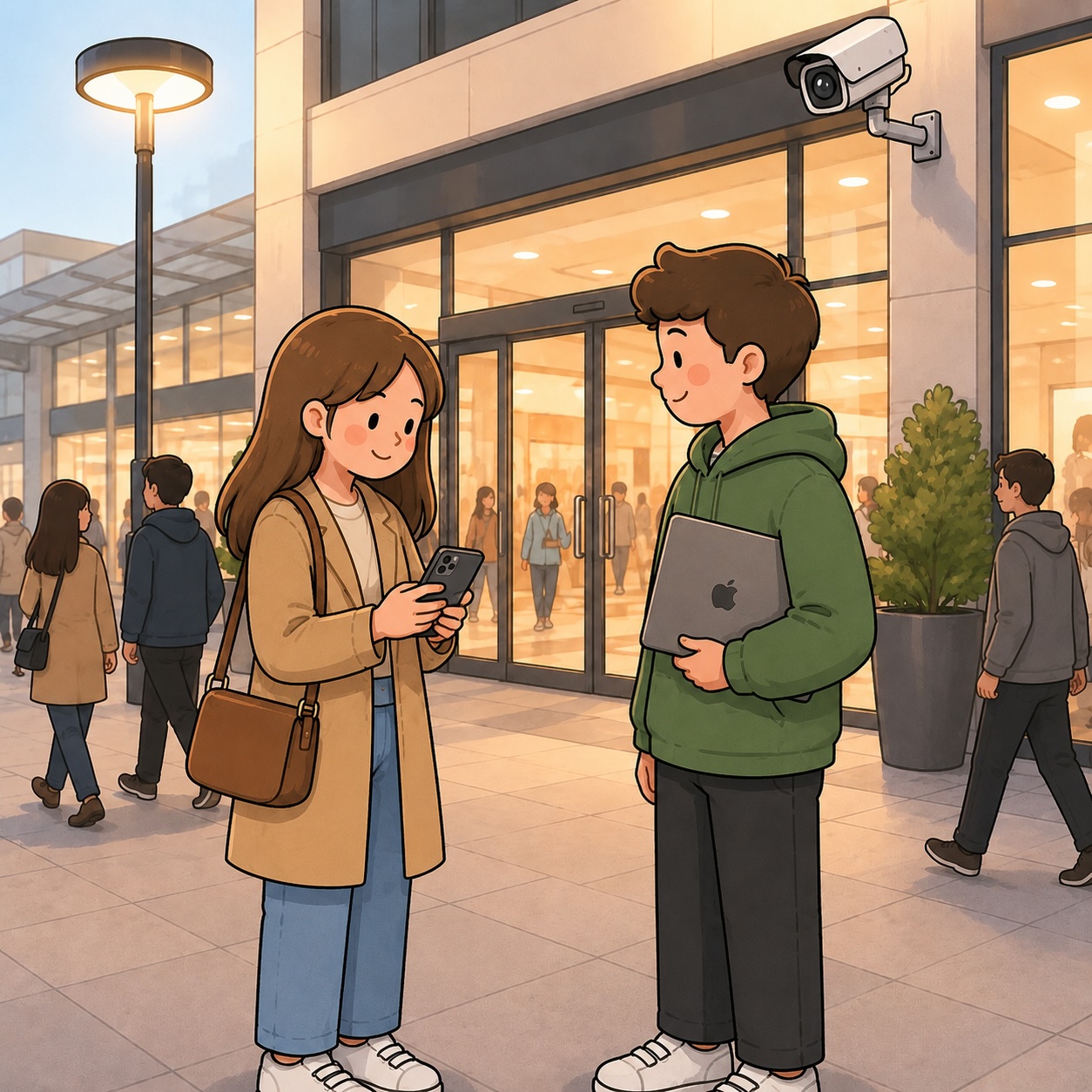 Twee mensen spreken af met een laptop op een openbare plek