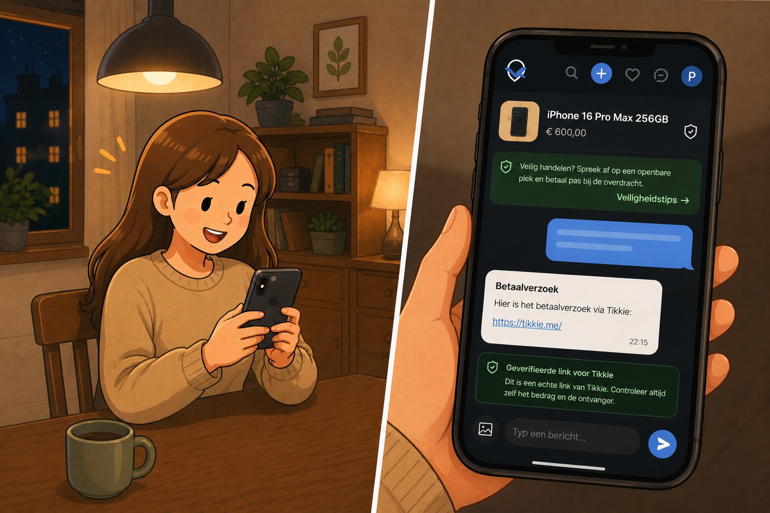 Iemand controleert een geverifieerde betaalverzoeklink in de Mercadia-chat